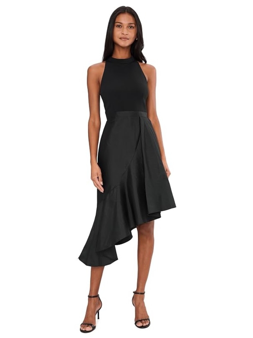 Adrianna Papell Size 12 Black Crepe Taffeta Asymmetrical Midi Dress NWT Cocktail